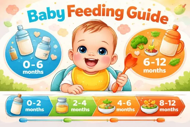 Complete Baby Feeding Guide (0–12 Months) Baby feeding guide chart showing feeding stages from birth to 12 months