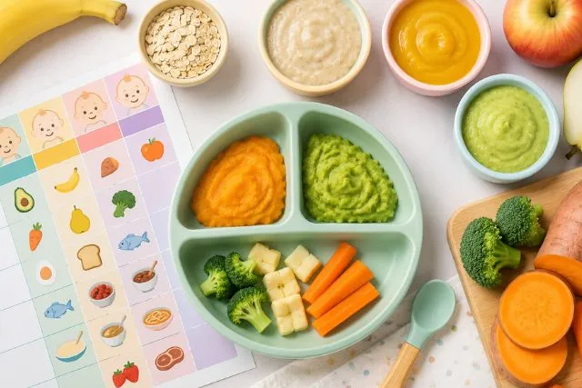 Baby Food Chart by Age: Feeding Schedule, Meal Plans & Nutrition Guide Baby food chart by age showing purees, finger foods, fruits, vegetables and feeding progression for babies aged 6 to 12 months