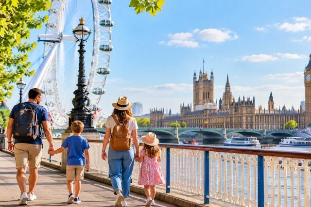 London Itinerary with Kids featuring a family exploring South Bank with the London Eye and Big Ben in the background.